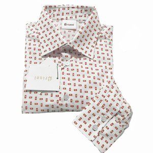 NEW $685 Brioni Fine Cotton Shirt!  M  White With Vintage Inspired Red VHS Tapes